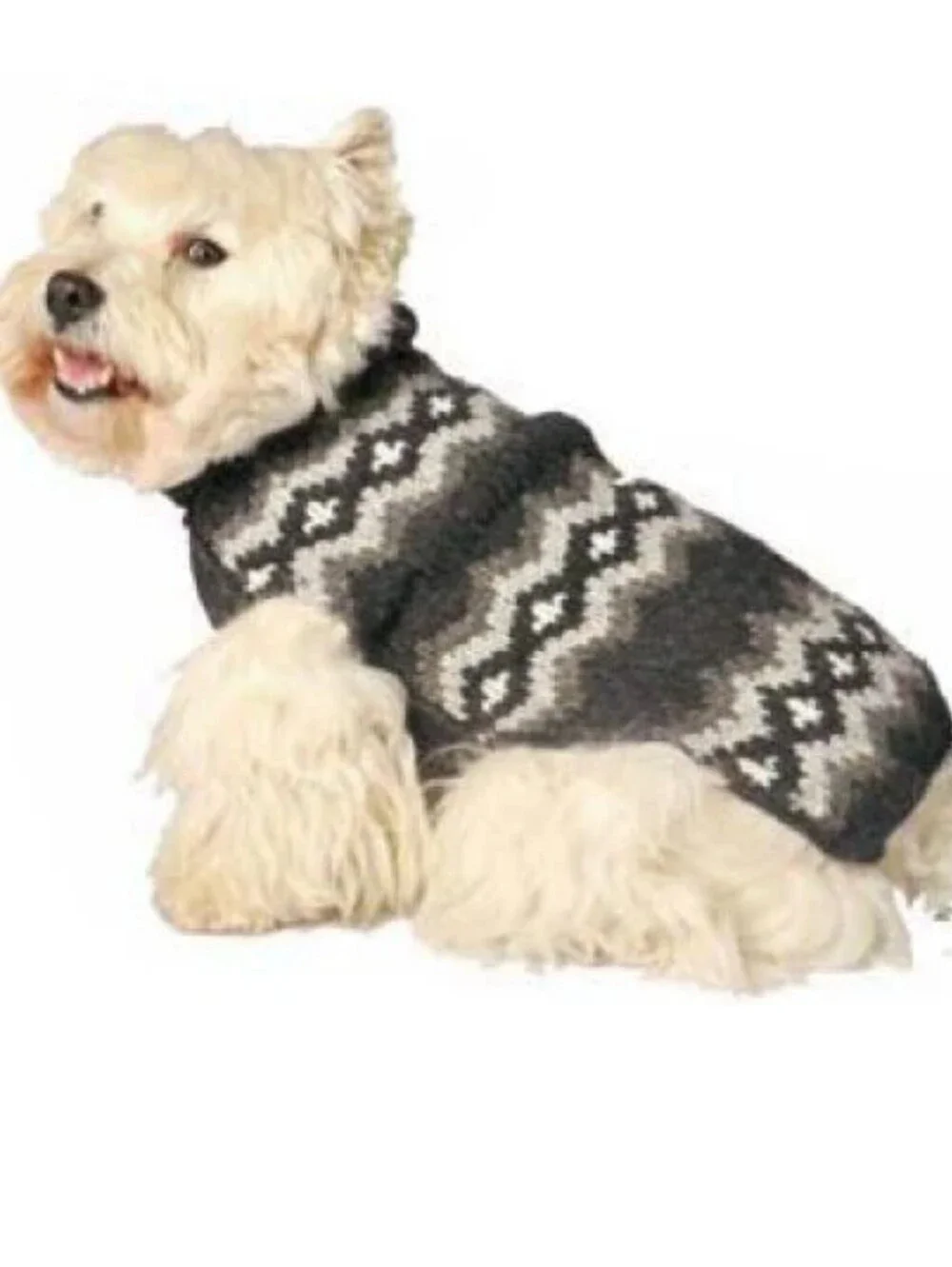 Chilly Dog Hand Knitted 100% Wool Brown+ White/Grey Diamond Dog Sweater, Small